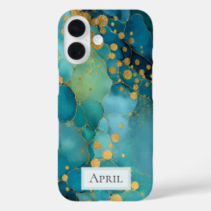 Coque Pour iPhone 16 Marbre sarcelle, turquoise et or