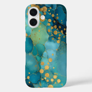 Coque Pour iPhone 16 Marbre Sarcelle, Turquoise & Or