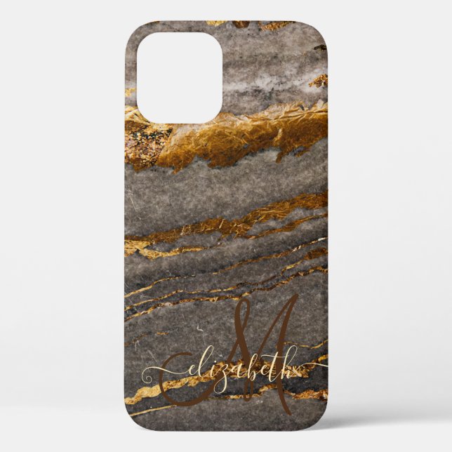Coques Case-Mate iPhone Marbre texture monogramme brun doré Cool (Verso)