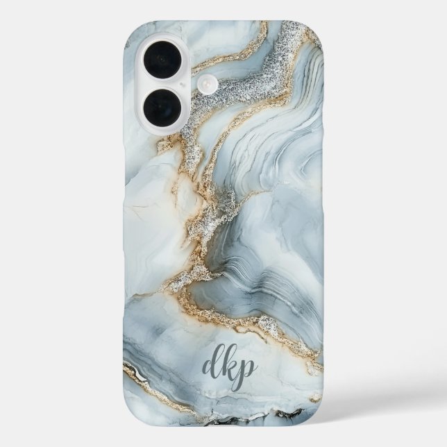 Coques Case-Mate iPhone Marbre Tourbillon Bleu Blanc Argent Or Monogramme (Verso)