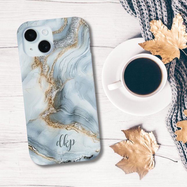 Coques Case-Mate iPhone Marbre Tourbillon Bleu Blanc Argent Or Monogramme (Blue White Silver gold Marble Swirl Monogrammed name initials iPhone 15, 15, 13 14 12 11 case)