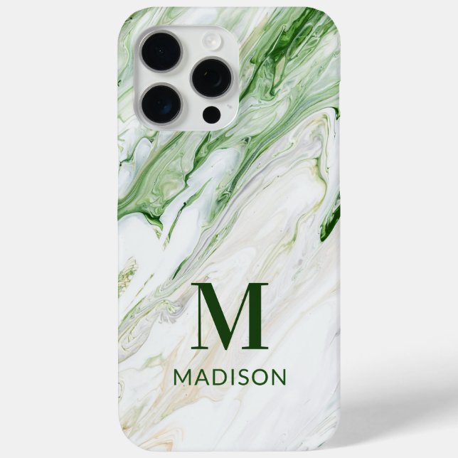 Coques Case-Mate iPhone Marbre Vert Blanc Monogramme Nom Personnalisé (Verso)