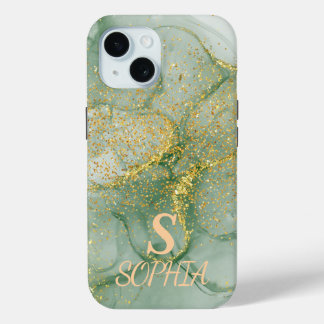 Coque Case-Mate iPhone Marbre vert chic monogramme paillettes dorées