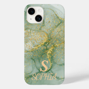 Coque Case-Mate iPhone Marbre vert chic monogramme paillettes dorées