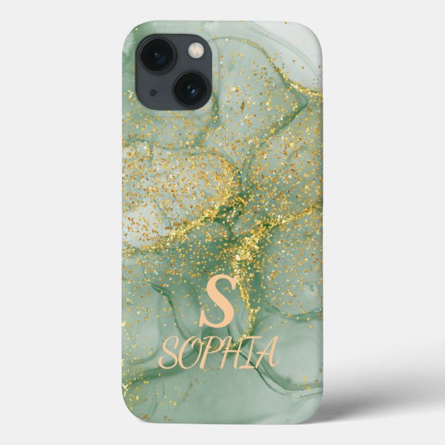 Coques Case-Mate iPhone Marbre vert chic paillettes dorées monogramme (Verso)