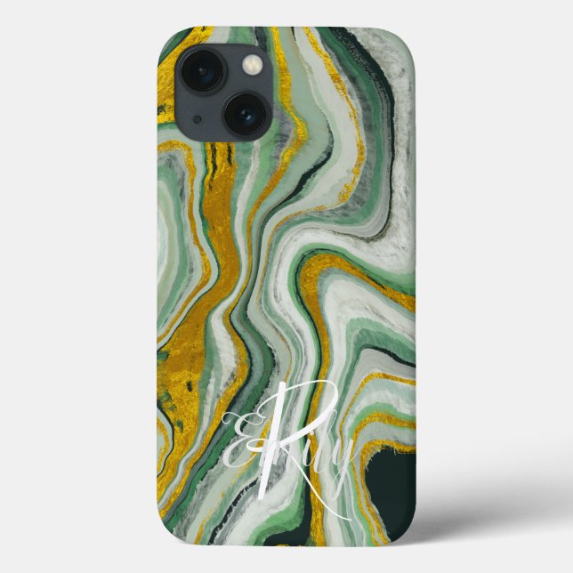 Coques Case-Mate iPhone Marbre vert et or Agate Nom Abstrait Monogramme (Verso)