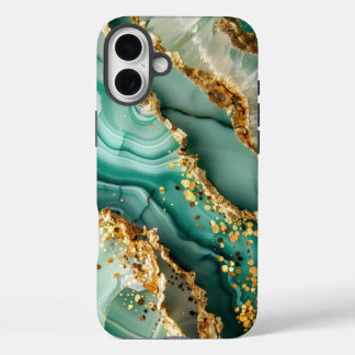 Coque Pour iPhone 16 Plus Marbre vert et or élégant