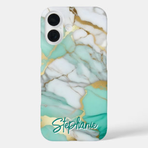 Coque Pour iPhone 16 Marbre Vert Sauge Or Élégant Nom Personnalisé