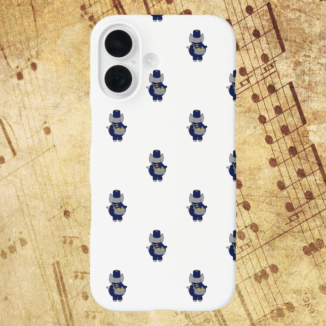 Coques Case-Mate iPhone Marching Band Cat Drummer Navy Blue Gold Pattern (A phone case with a pattern of gray cats playing the drums while wearing navy blue and gold.)