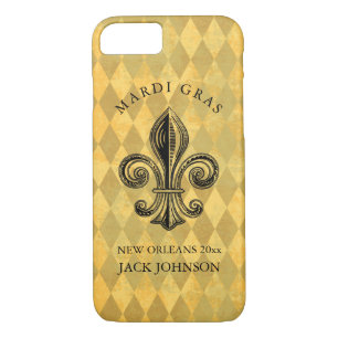 Coque iPhone 8/7 Mardi Gras Fleur-de-lis Harlequin Ajouter Nom et a