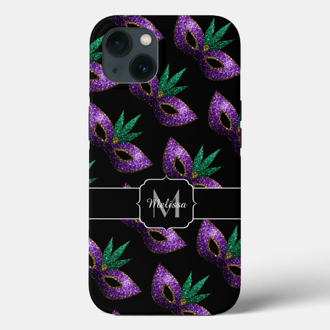 Coques Case-Mate iPhone Mardi Gras Masque Purple Vert Étincelles Monogramm (Verso)