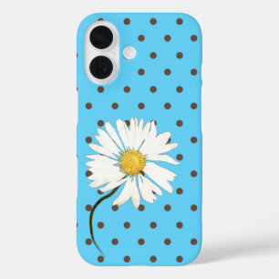 Coque Pour iPhone 16 marguerite avec pois brun sur aqua