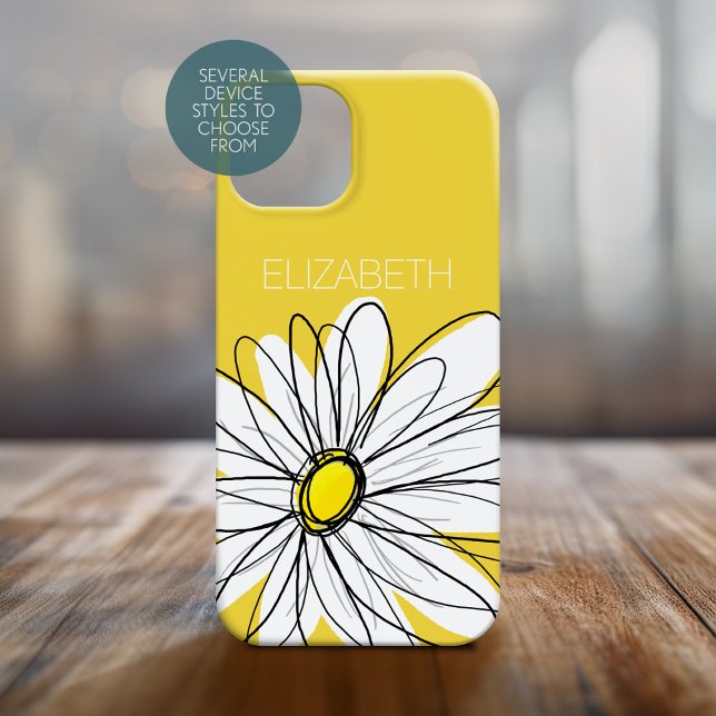 Coques Case-Mate iPhone Marguerite lunaire jaune et blanc avec texte perso (Personalized Phone Case with Whimsical Daisy and Custom Name)