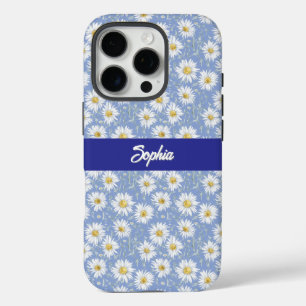 Coque iPhone 16 Pro Marguerites blanches sur bleu