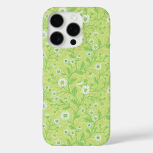Coque iPhone 16 Pro Marguerites en blanc et vert sur fond vert miel