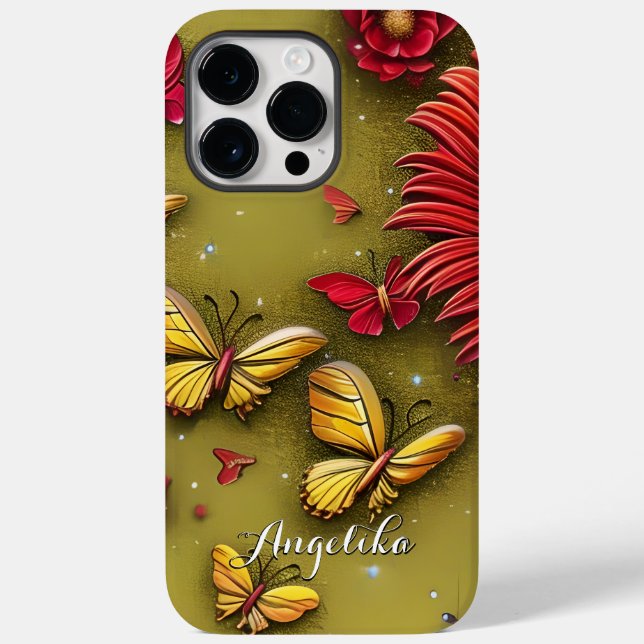 Coques Case-Mate iPhone Marguerites Rouges Papillons Dorés Nom Personnalis (Verso)