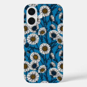 Coque Pour iPhone 16 Marguerites sur fond bleu