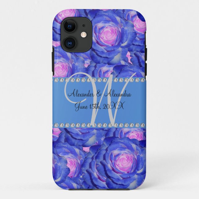 Coques Case-Mate iPhone Mariage monogramme bleu roses (Dos)