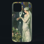 Coque iPhone 12 Mariage vintage, Mariée et Salle avec Menorah<br><div class="desc">Illustration vintage image de cérémonie d'amour et de romance mariage montrant un couple se marier dans une belle synagogue avec vitraux,  fleurs et une menorah à sept branches. La mariée porte une longue robe blanche mariage et le marié est beau dans son smoking.</div>