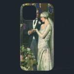 Coque iPhone 12 Mariage vintage, Mariée et Salle avec Menorah<br><div class="desc">Illustration vintage image de cérémonie d'amour et de romance mariage montrant un couple se marier dans une belle synagogue avec vitraux,  fleurs et une menorah à sept branches. La mariée porte une longue robe blanche mariage et le marié est beau dans son smoking.</div>