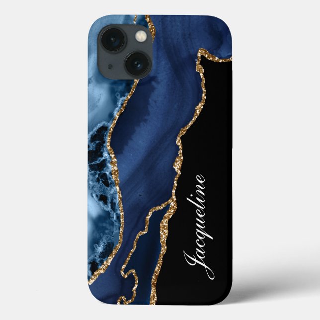 Coques Case-Mate iPhone Marine Bleu Agate Aquarelle moderne Or Personnalis (Verso)