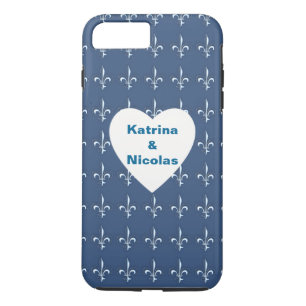 Coque Case-Mate Pour iPhone Marine Bleu Ancres Blancs Motif de coeur Monogramm