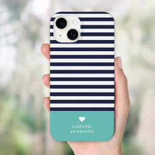 Coque Case-Mate iPhone Marine Bleu et Aqua Chic Stripes Coeur Monogramme