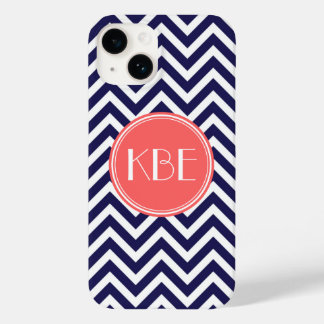Coque Pour iPhone 14 Marine bleu et corail moderne Chevron Custom Monog