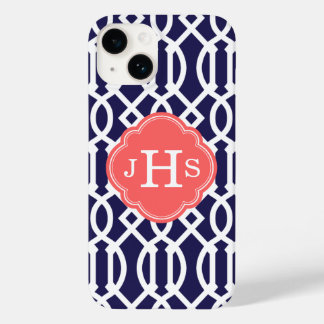 Coque Case-Mate iPhone Marine bleu et corail Moderne Trellis Monogramme