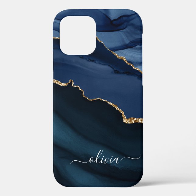 Coques Case-Mate iPhone Marine Blue Agate Geode Or Monogramme Coque-Mate i (Verso)