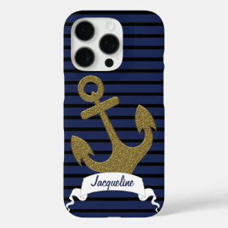 Coque iPhone 16 Pro Marine Blue Black Stripes Gold Ancre Nom du ruban