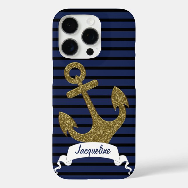 Coques Case-Mate iPhone Marine Blue Black Stripes Gold Ancre Nom du ruban (Verso)