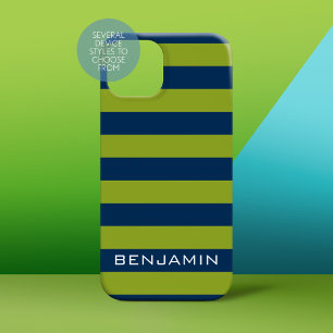 Coque Case-Mate iPhone Marine Blue Lime Green Rugby Stripes Nom personnal