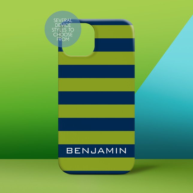 Coques Case-Mate iPhone Marine Blue Lime Green Rugby Stripes Nom personnal (Personalized Phone Case)