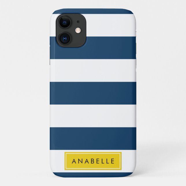 Coques Case-Mate iPhone Marine Blue Stripes, Motif rayé, Votre nom (Dos)