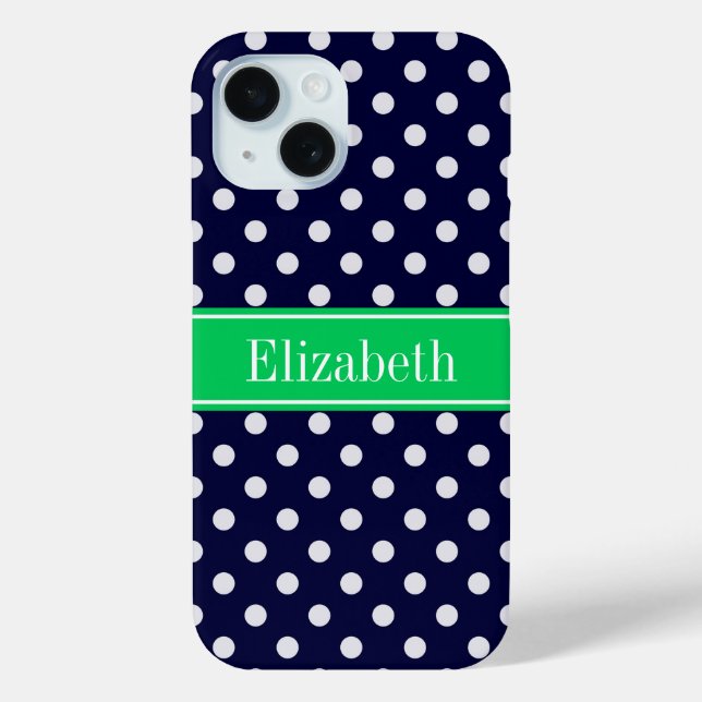 Coques Case-Mate iPhone Marine Blue Wt Polka Dot Emerald Nom vert Monogram (Verso)