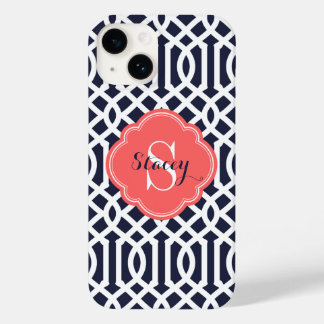 Coque Pour iPhone 14 Marine et Corail Moderne Trellis Monogramme