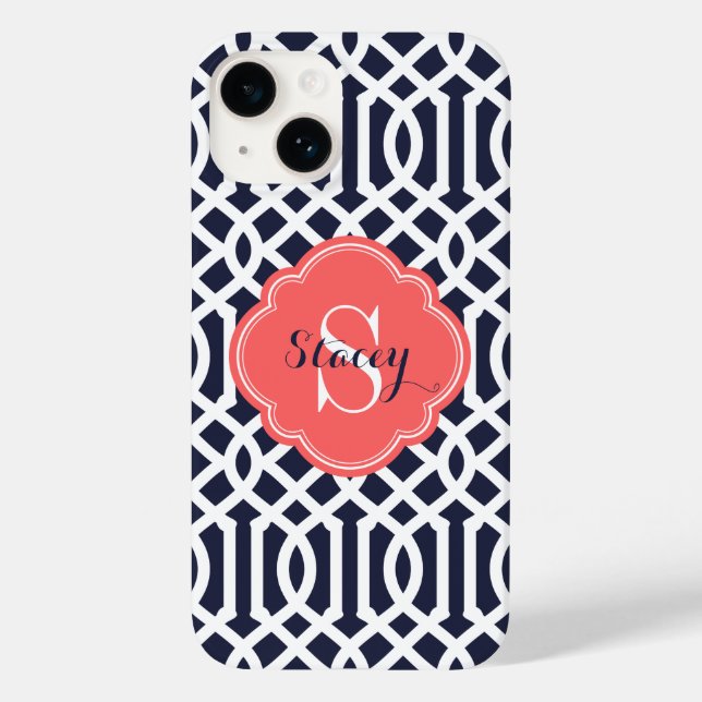 Coques Case-Mate iPhone Marine et Corail Moderne Trellis Monogramme (Verso)