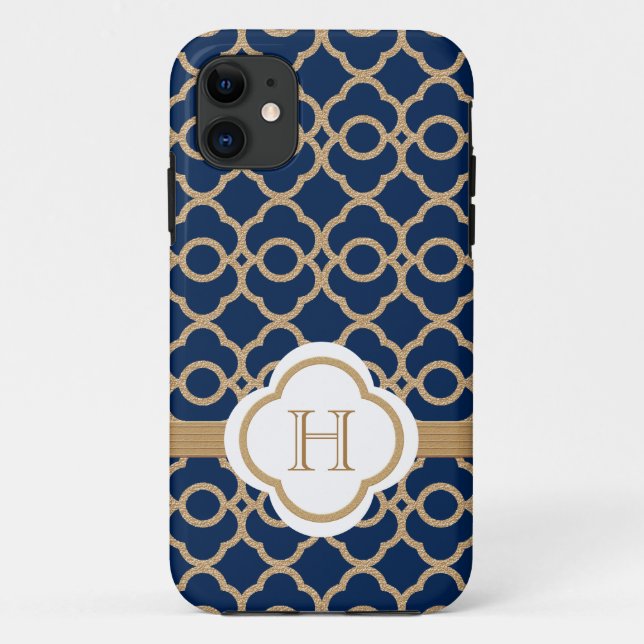 Coques Case-Mate iPhone Marocain d'or de bleu marine de monogramme (Dos)