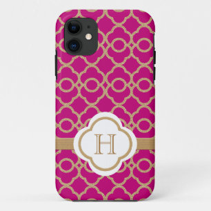 Coque Case-Mate Pour iPhone Marocain rose fuchsia décoré d'un monogramme d'or