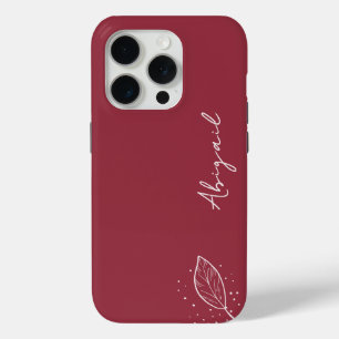 Coque Case-Mate iPhone Maroon rouge, nom blanc, feuille et points minimal