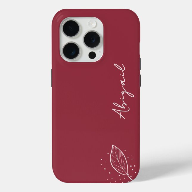 Coques Case-Mate iPhone Maroon rouge, nom blanc, feuille et points minimal (Verso)