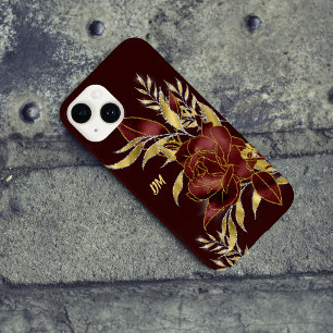 Coque Case-Mate iPhone Maroon Rouge Rose or Feuilles Monogramme