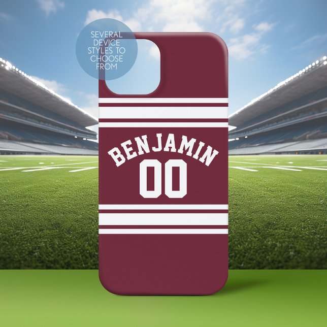 Coques Case-Mate iPhone Maroon White Jersey Stripes Nom personnalisé Numér (Personalized Phone Case with a Football Jersey Stripe Design)