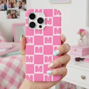 Coque Case-Mate iPhone Marque de luxe rose tendance à carreaux initiale 