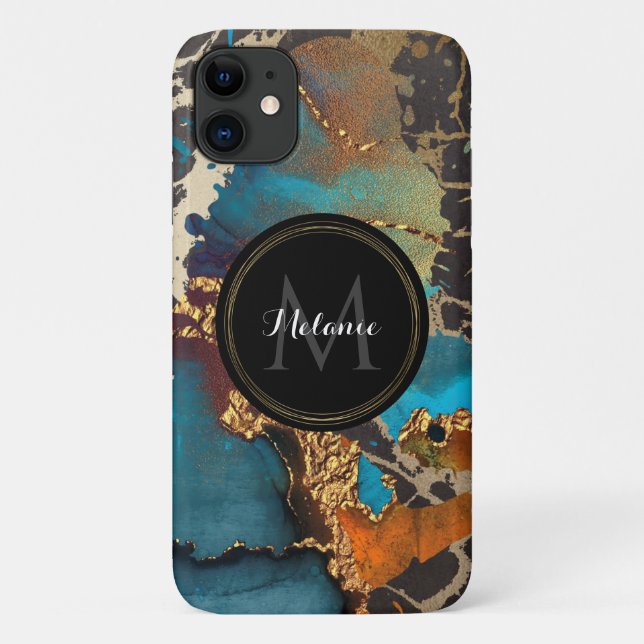 Coques Case-Mate iPhone Marque Turquoise or noir Aquarelle Nom Monogramme (Dos)