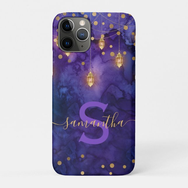 Coques Case-Mate iPhone Marrakech Midnight Lanterns & Gold Bokeh Monogram (Dos)