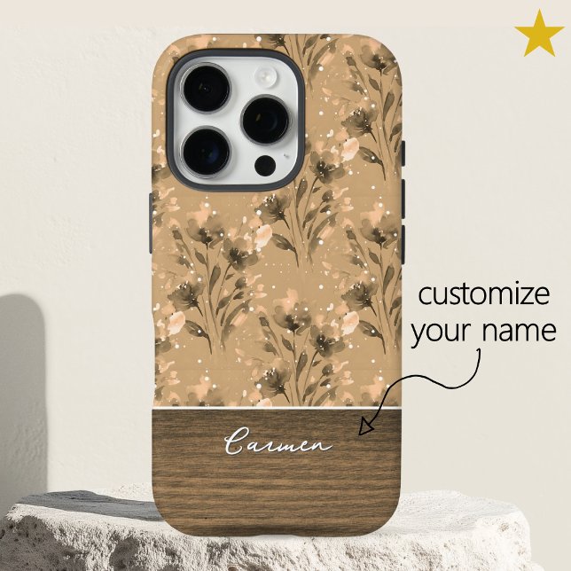 Coques Case-Mate iPhone Marron Élégant Fleurs Grain de Bois Nom Personnali (Créateur téléchargé)