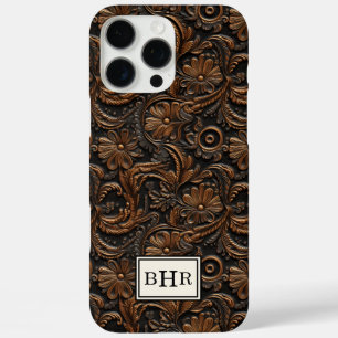 Coque iPhone 16 Pro Max Marron Vintage Cuir Outils Monogrammé