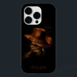 Coque Case-Mate iPhone Masculine Casquette Cowboy et Bottes en Cuir Perso<br><div class="desc">Une paire de bottes de cowboy en cuir noir est posée sur le sol avec un casquette de cowboy marron drapé sur le dessus. Personnalisez en modifiant le texte ou en supprimant le texte sans nom.</div>